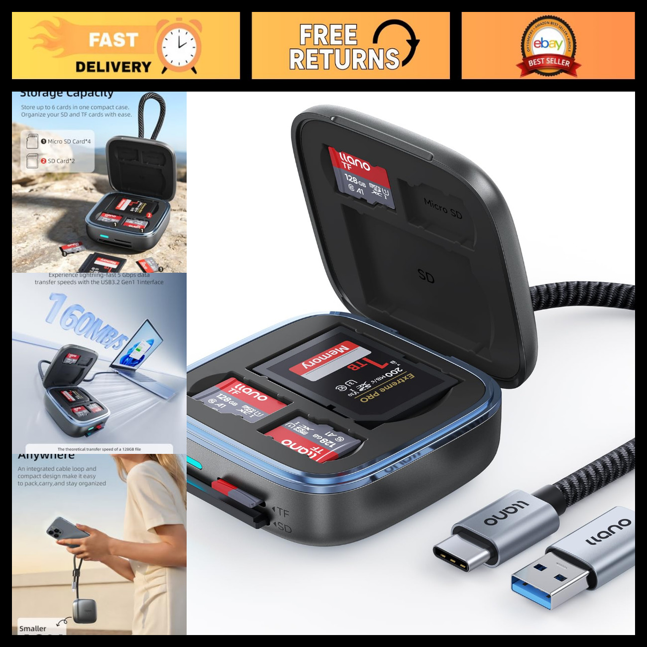 SD & Micro SD Card Reader Case - TF 3.0 Memory Card Holder, 5Gbps Transfer Speed