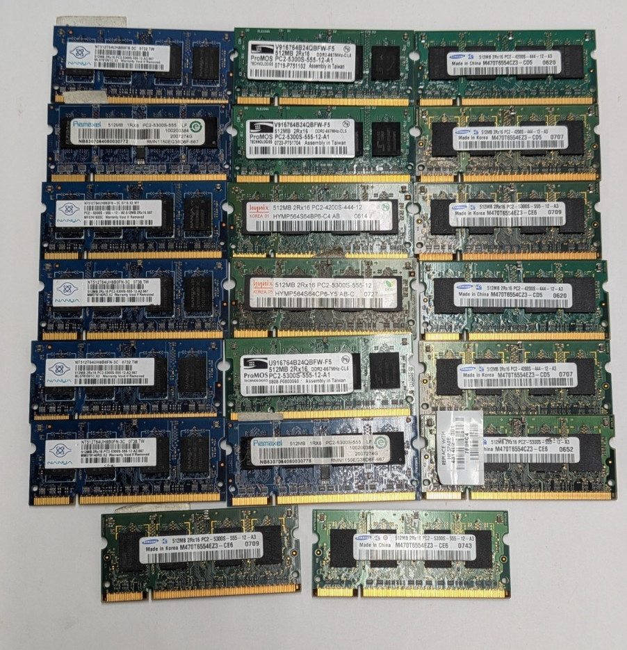 Lot of 20 512MB DDR2 Sodimm Memory Sticks Hynix ProMos Nanya Samsung Ramaxel