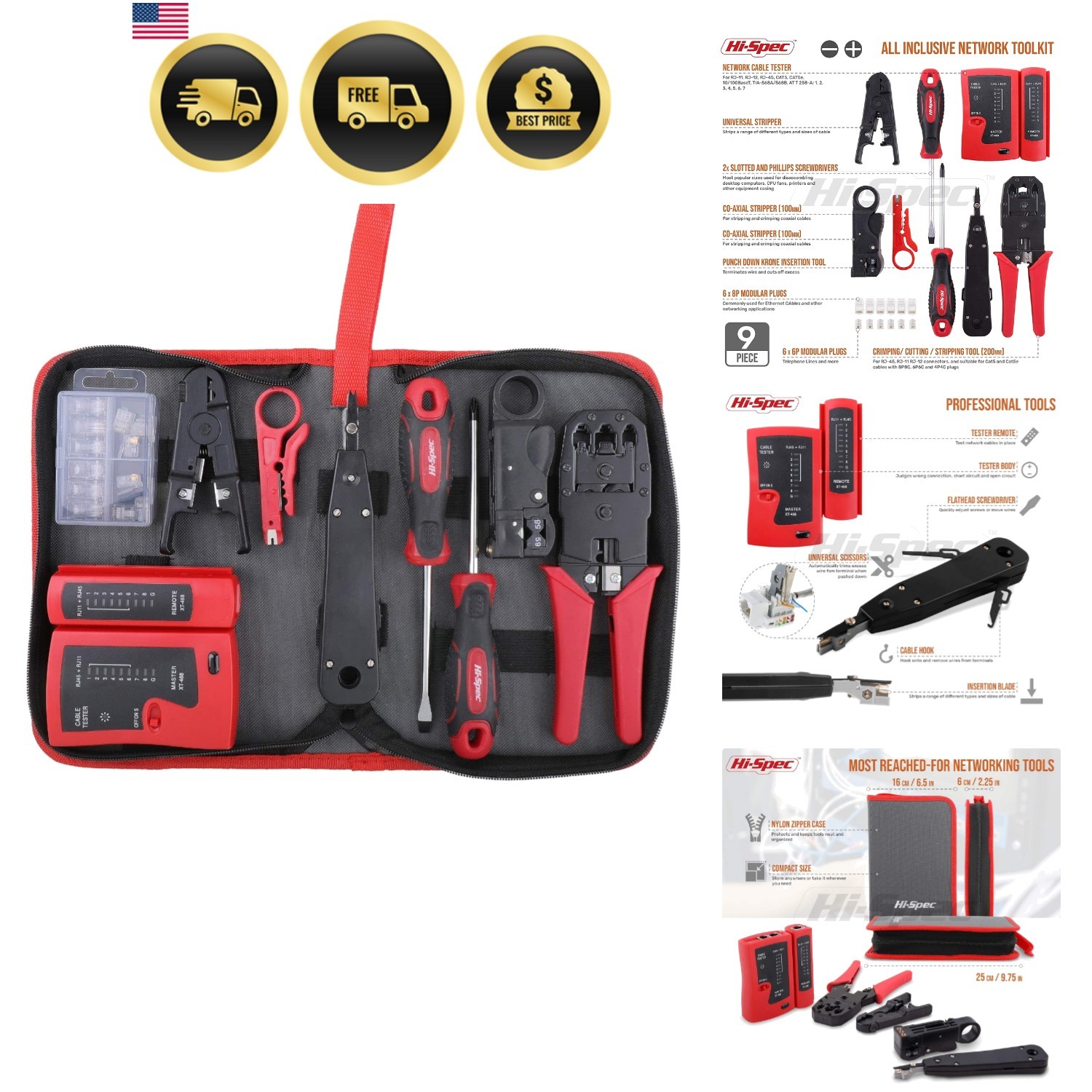 9pc Network Cable Tester Tool Kit Set for , , RJ11, RJ45. Ethernet LAN Crimpe...