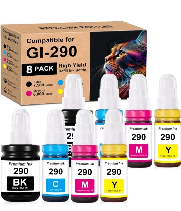 8 Refill Ink Bottle Replacement for Canon GI-290 PIXMA G4200 G3200 G2200 G1200