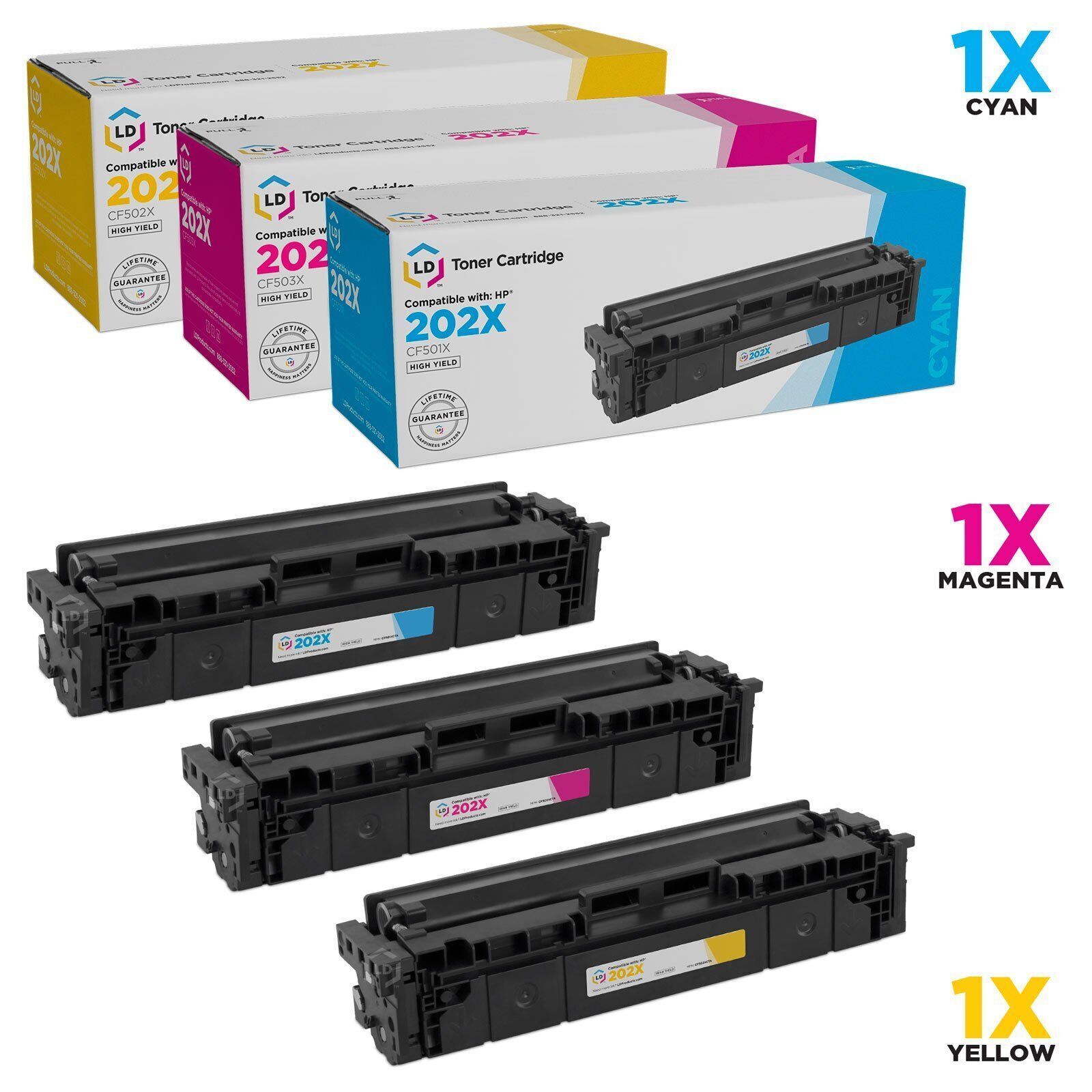 LD Compatible Replacement for HP 202X / 202A HY Toners: Cyan Magenta Yellow 3PK