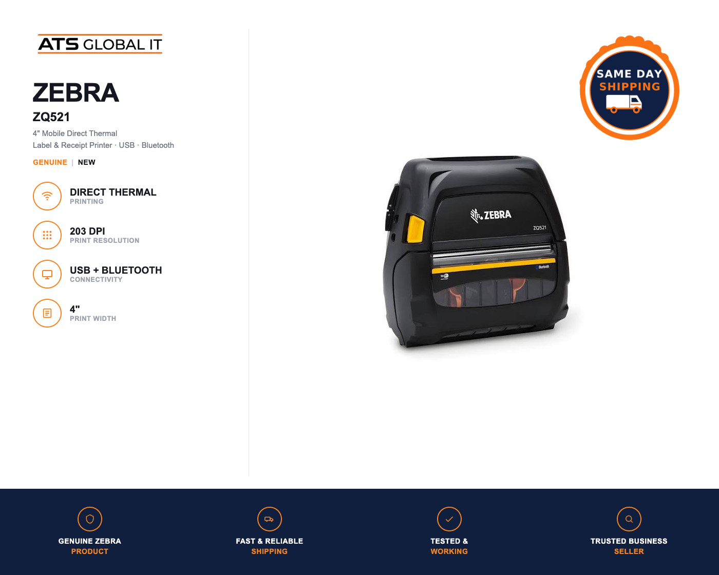 NEW Zebra ZQ52-BUE0010-00 ZQ521 Mobile Label Printer Bluetooth USB