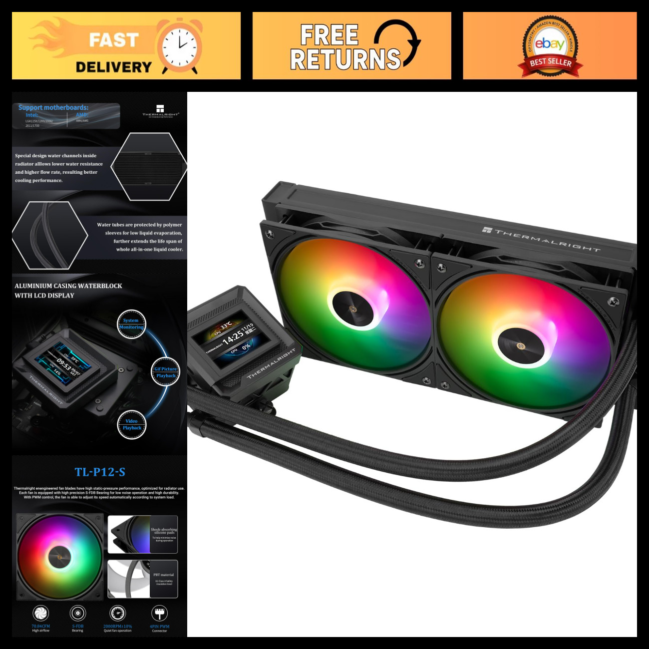 High-Performance 360mm AIO CPU Liquid Cooler, ARGB, Thermal Design, Quiet Operat