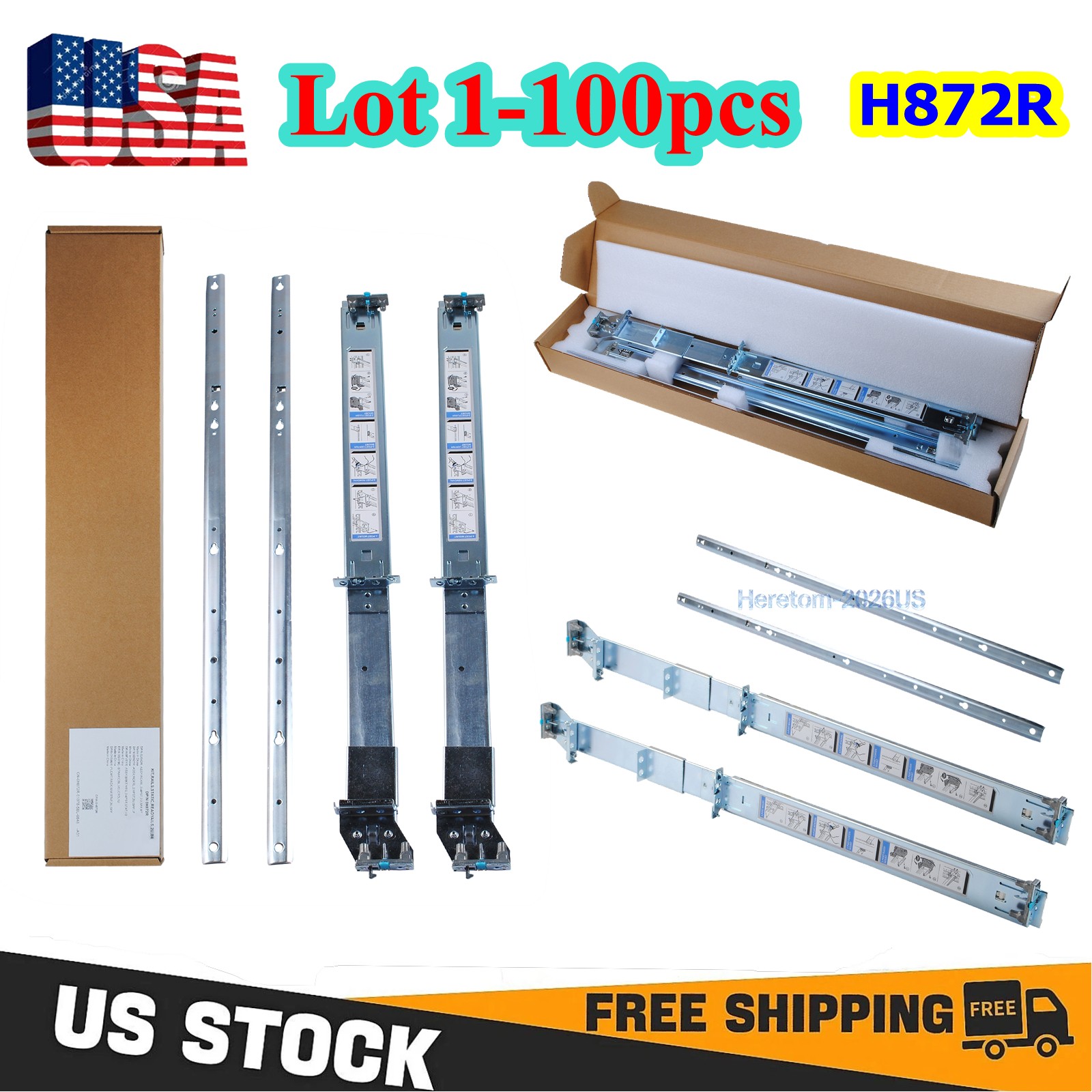 LOT H872R DELL R510 R520 R530 R720 R730 R740 R820 2/4 POST RACK 2U STATIC RAILS