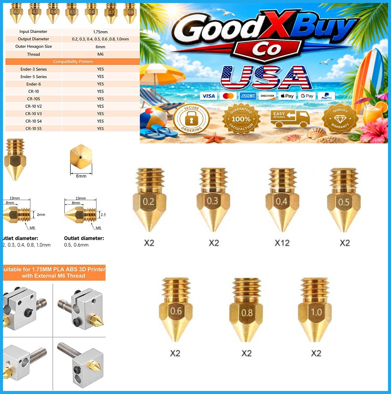 MK8 3D Printer Nozzles 24 Piece Brass Multi-Pack 0.2mm to 1.0mm for 1.75mm