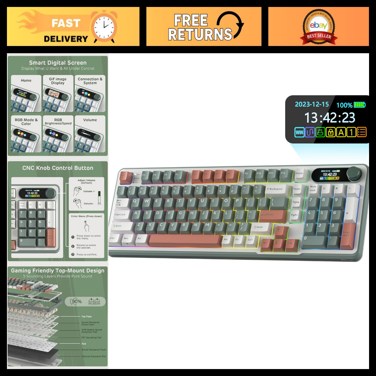 Wireless Mechanical Keyboard with Smart Display & Knob - RGB Backlit, Bluetooth