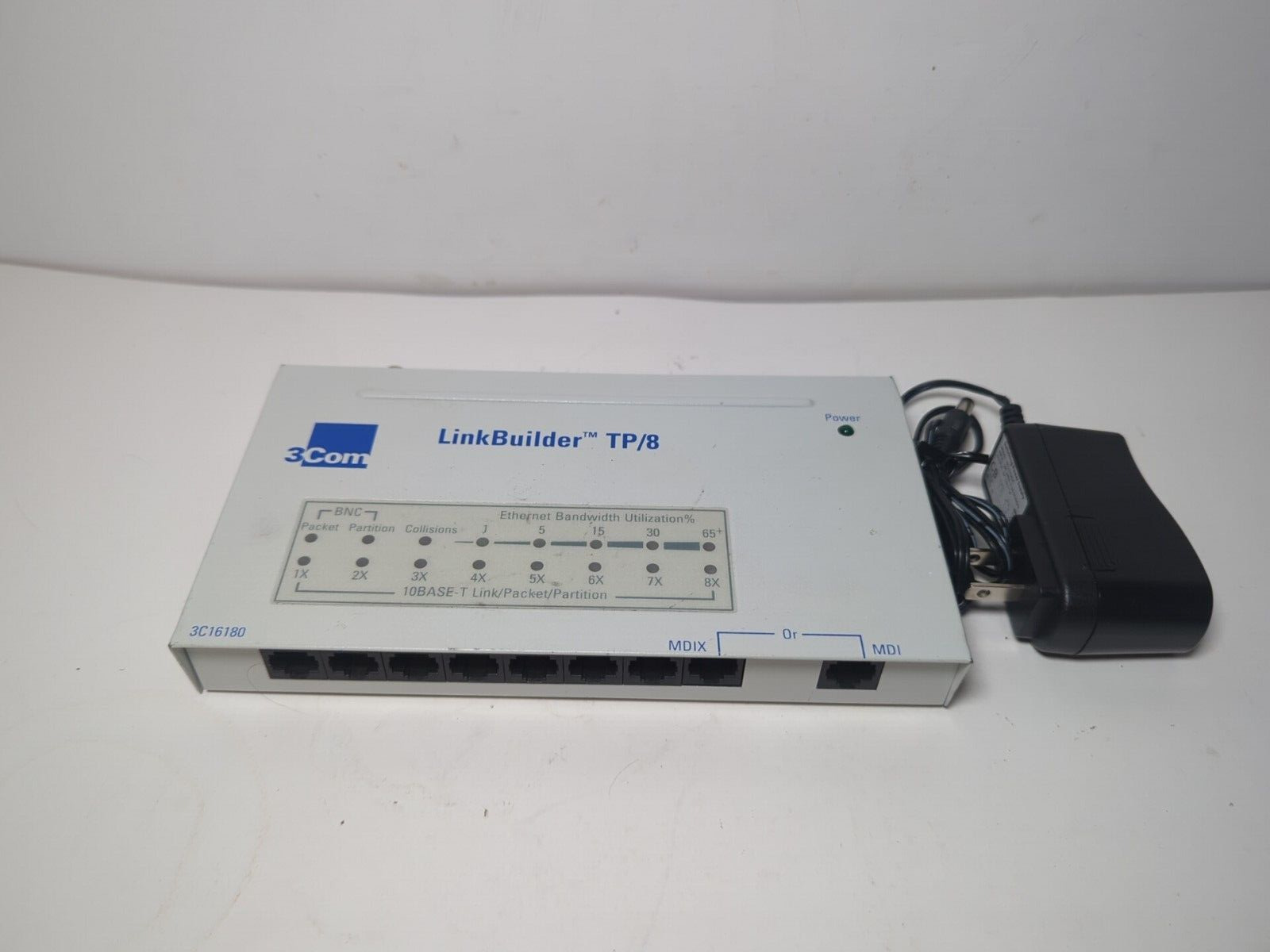 3Com 3C16180 LinkBuilder TP/8 Ethernet Hub, 8-Port, 7.5-12VAC 50-60Hz 8VA