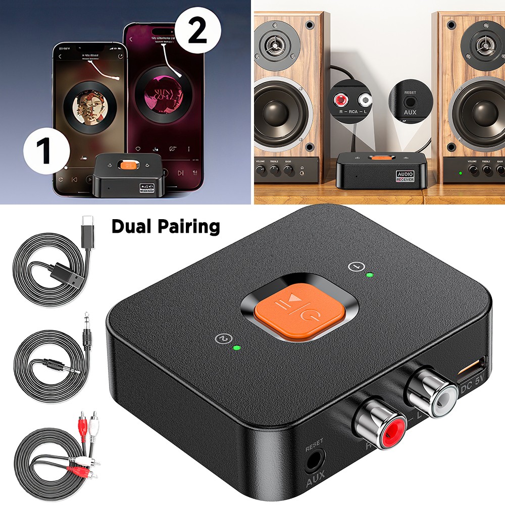 Bluetooth 6.0 Receiver for Home Stereo AUX Adapter with AUX 3.5mm/RCA Long Range