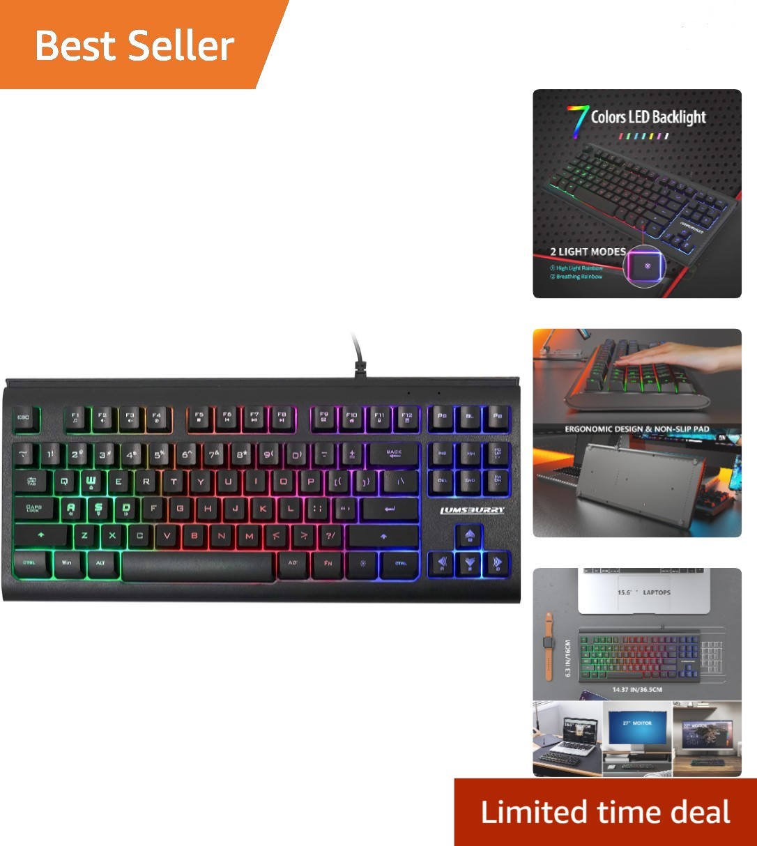 Computer Keyboard, 87 Keys Compact Wired USB Keyboard with Rainbow LED Light ...