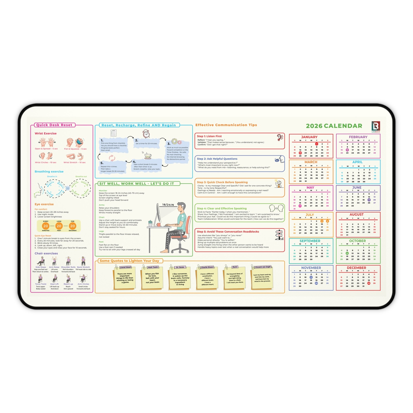 Productivity Desk Mat with 2026 Calendar | Large Neoprene Mouse Pad | 2 Sizes