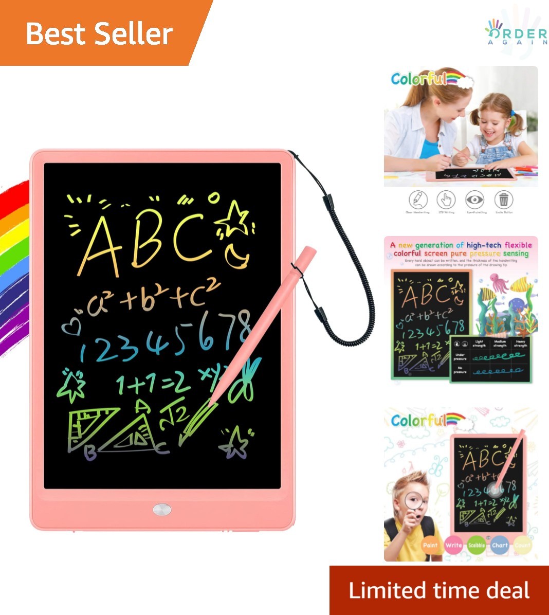 LCD Writing Tablet 10 Inch Colorful Doodle Board Kids Toddler Toys Pink