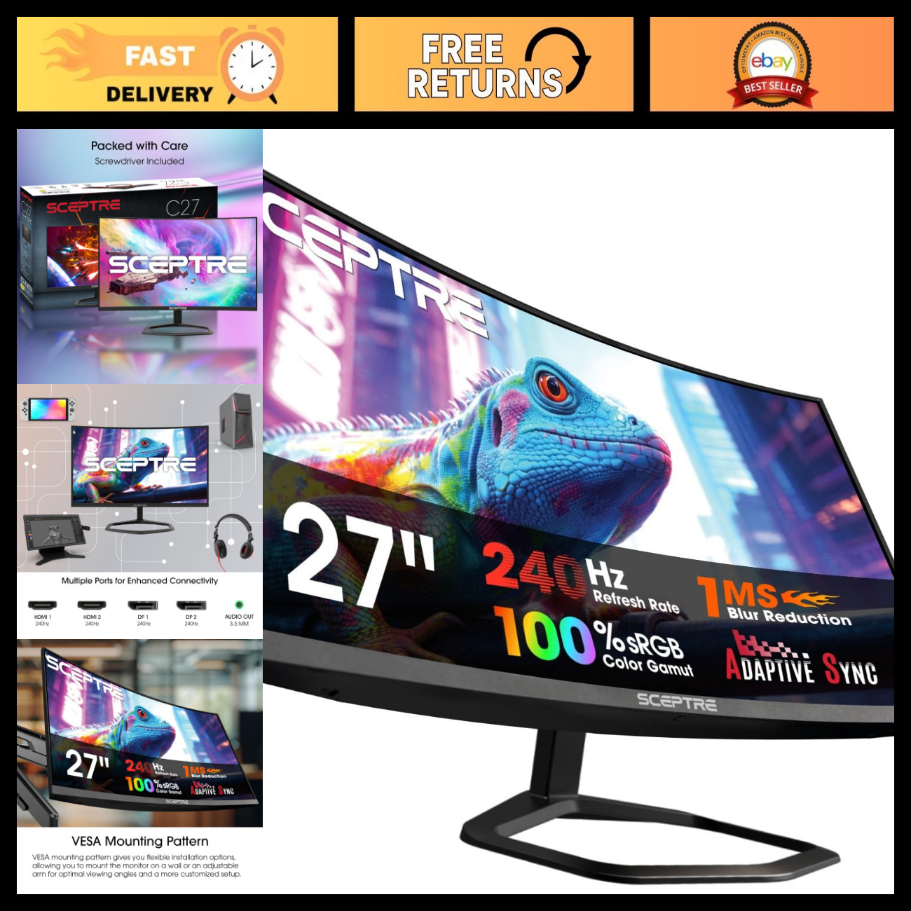 27" Curved Gaming Monitor FHD 1080p 240Hz 1500R DisplayPort HDMI Built-in Speake