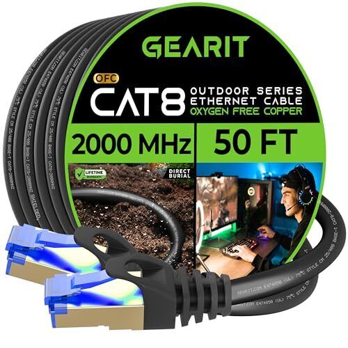Cat8 Outdoor Ethernet Cable 50 Feet Waterproof Direct Burial Inground Lldpe Uv