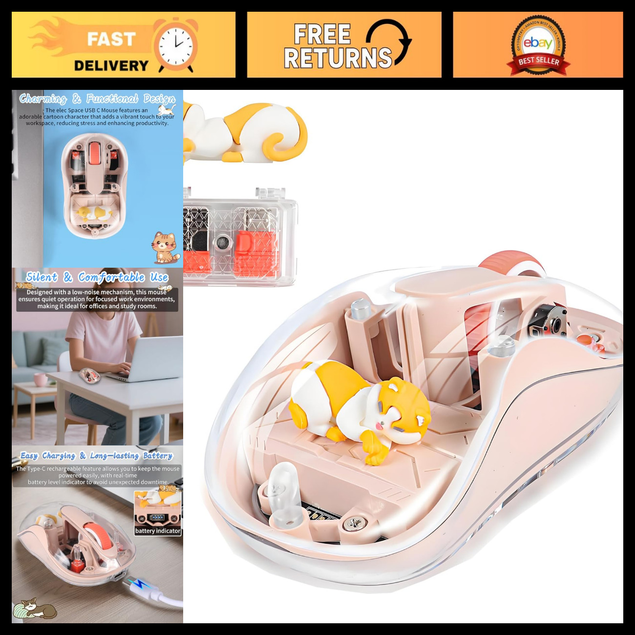Cute Wireless USB C Mouse - Bluetooth Triple Mode Rechargeable Cartoon Design, S
