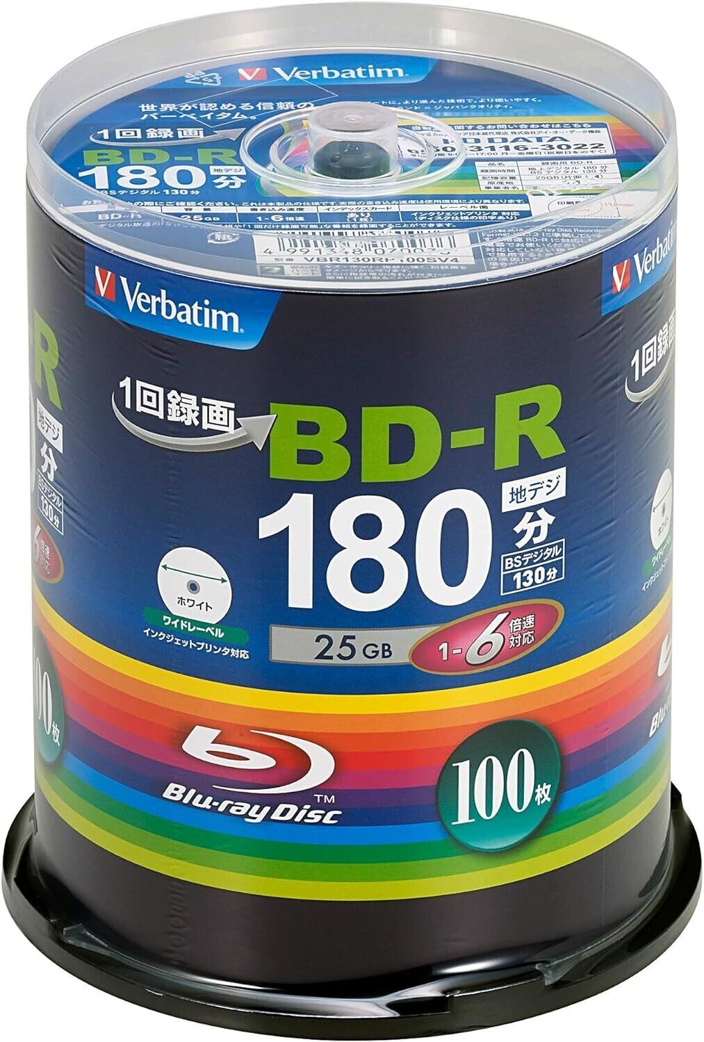 Verbatim Blu-ray BD-R Blank Disc One-Time Record 100pcs 25GB 6x VBR130RP100SV4