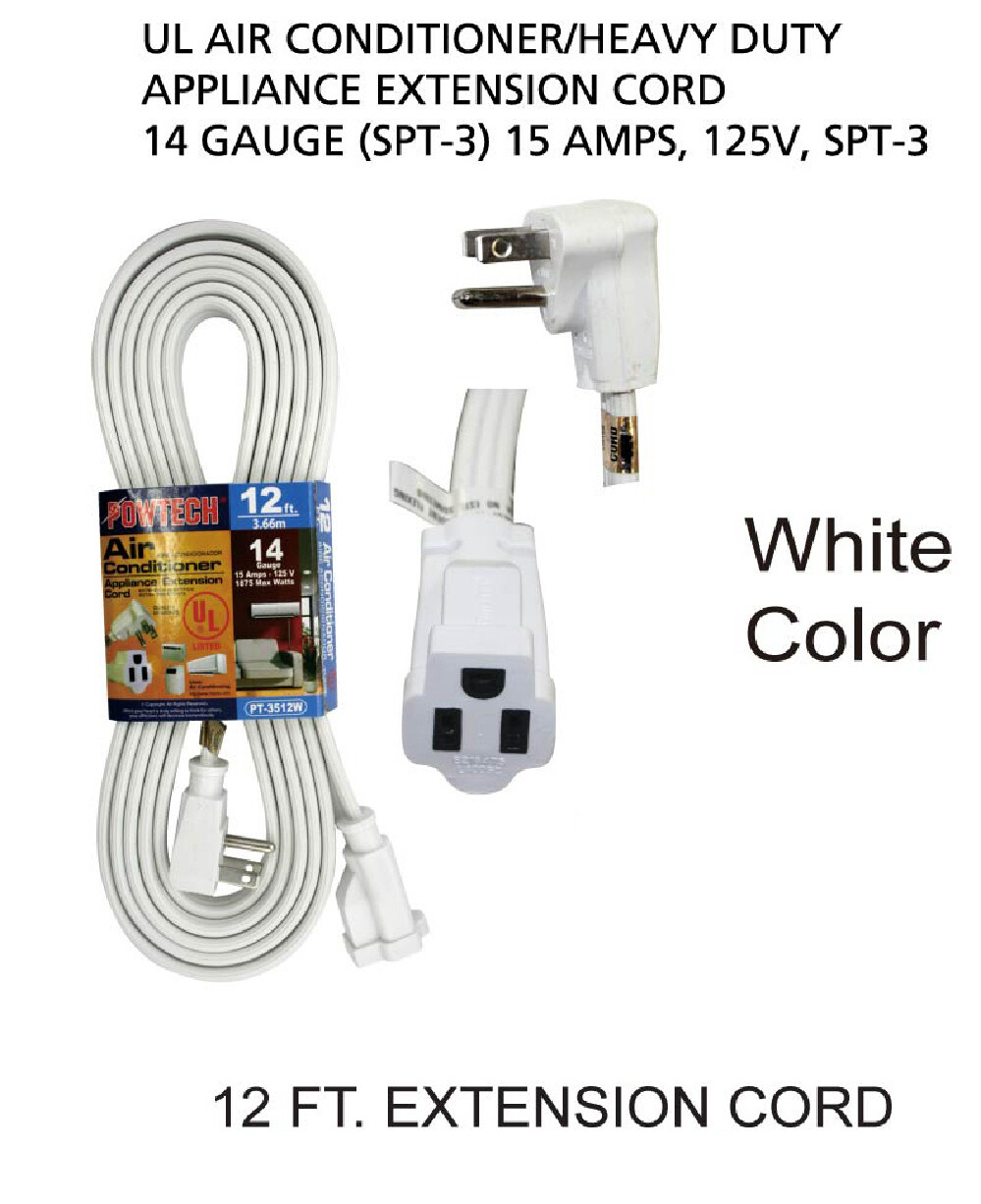 12ft Heavy Duty Appliance AC Power Electric Extension Cord 14 Gauge 15A UL White