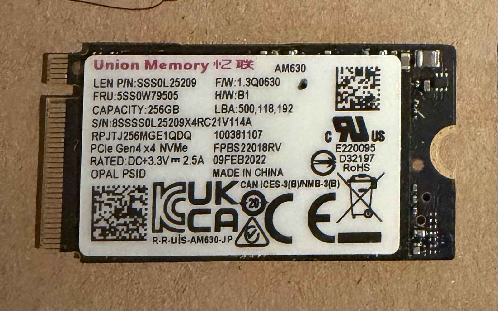 Union Memory AM630 256GB  NVMe SSD M.2