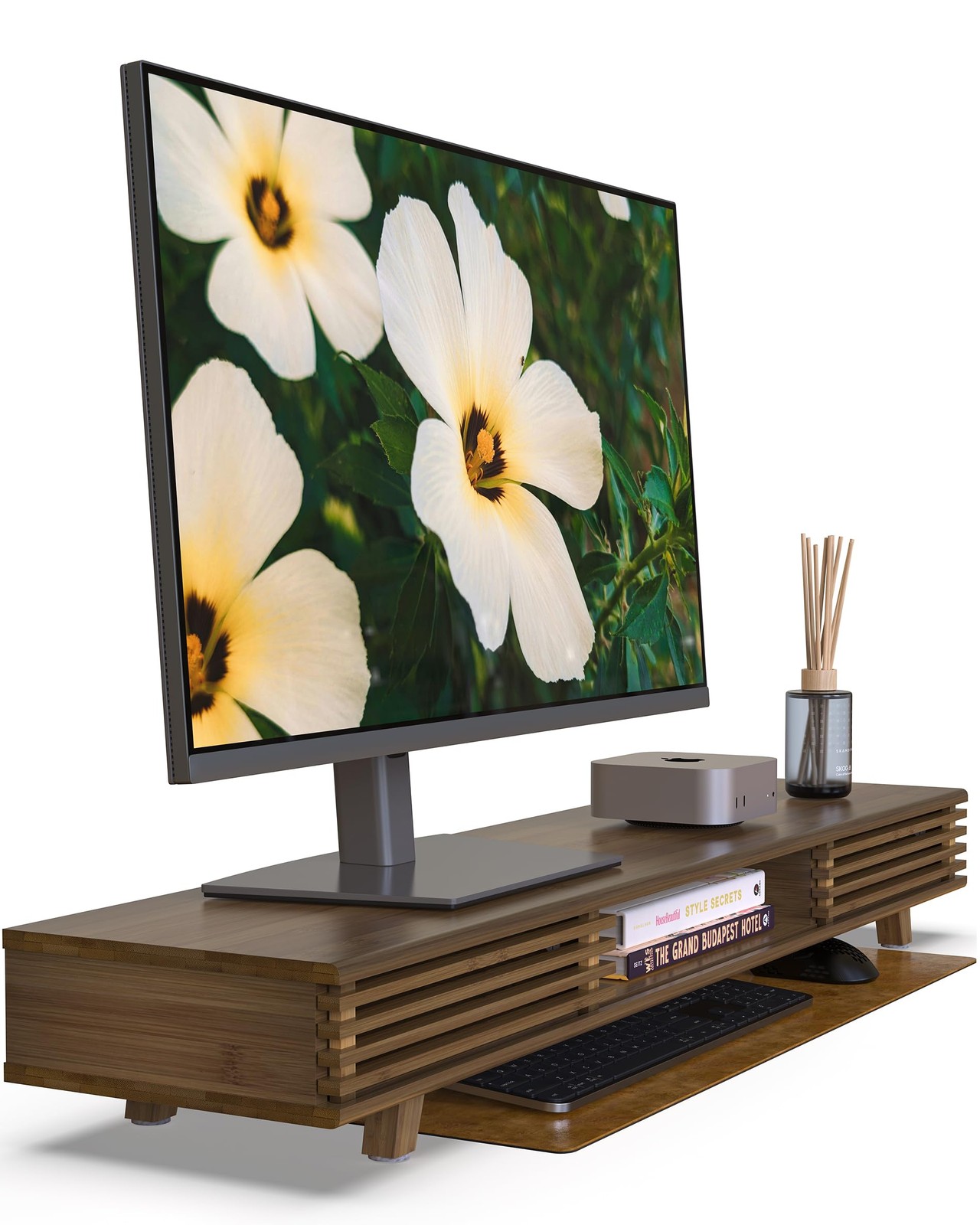 WELL WENG 42" Dual Monitor Stand with Sliding Doors Desk Shelf Dark Bamboo