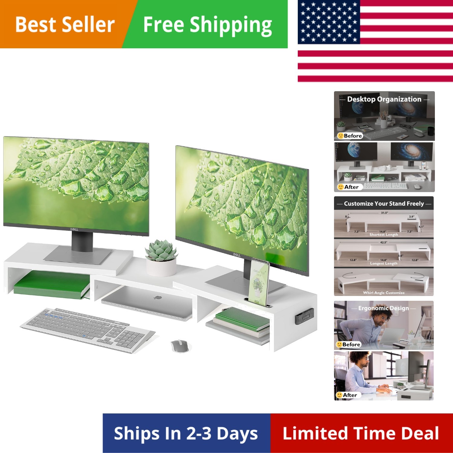 Dual Monitor Stand Riser, Adjustable Length & Swivel Angle, Ergonomic Wooden ...