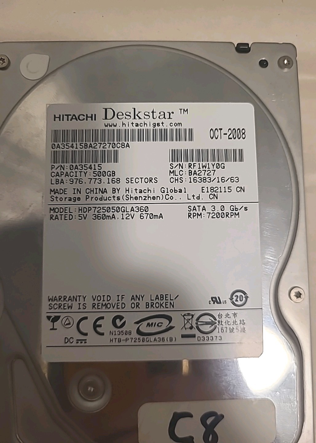 Hitachi Deskstar HDP725050GLA360 500GB SATA 7200 RPM P/N:0A35415 MLC:BA2727