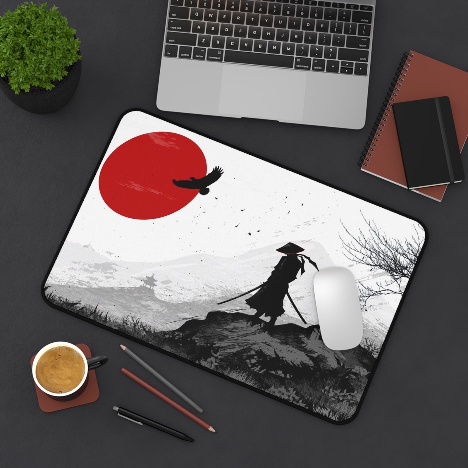 Samurai Silhouette Desk Mat | Red Sun Japanese Landscape