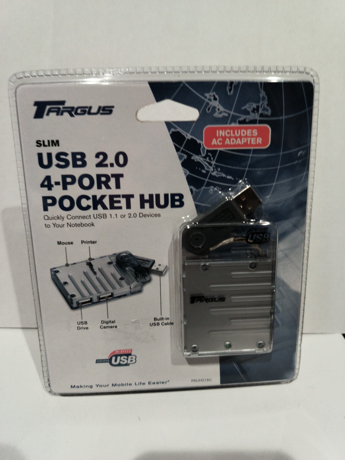 Targus Slim USB 2.0 4 Port Pocket Hub W/ AC Adapter New sealed