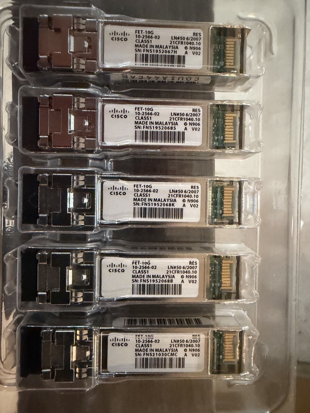 Lot of 5 Cisco FET-10G 10G SFP+ Fiber Optic Modules - NEW 