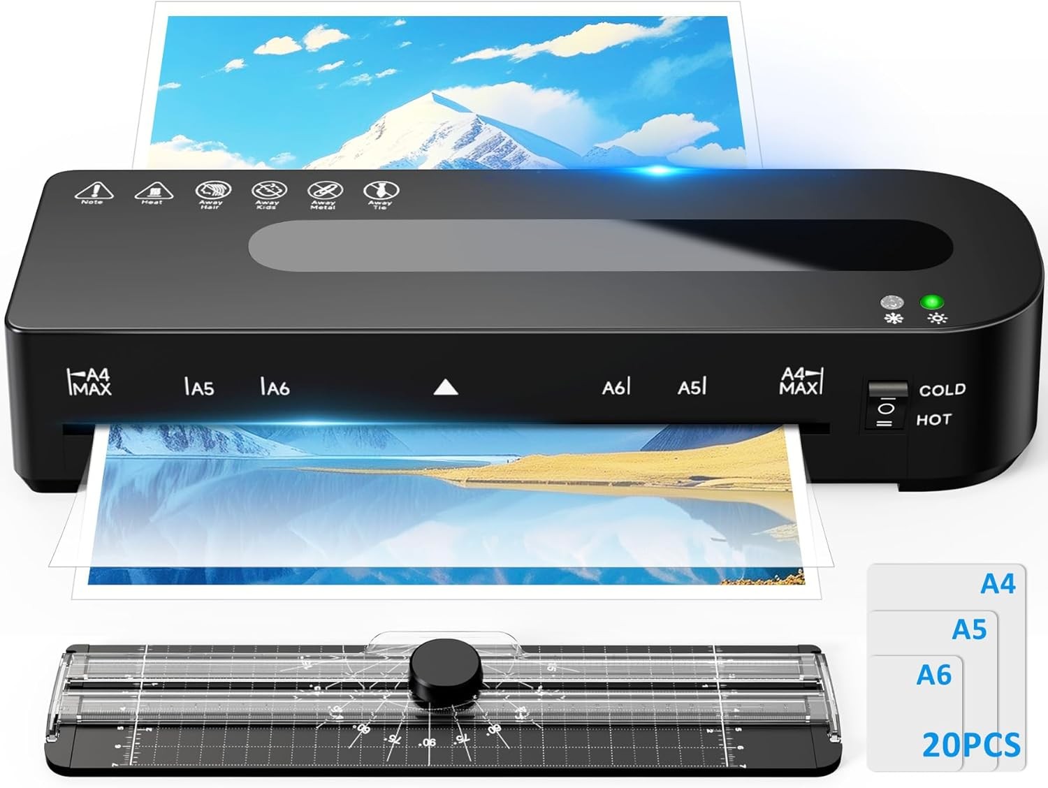 Laminator Machine, A4 Laminators Hot & Cold with 20 Laminating Sheets and