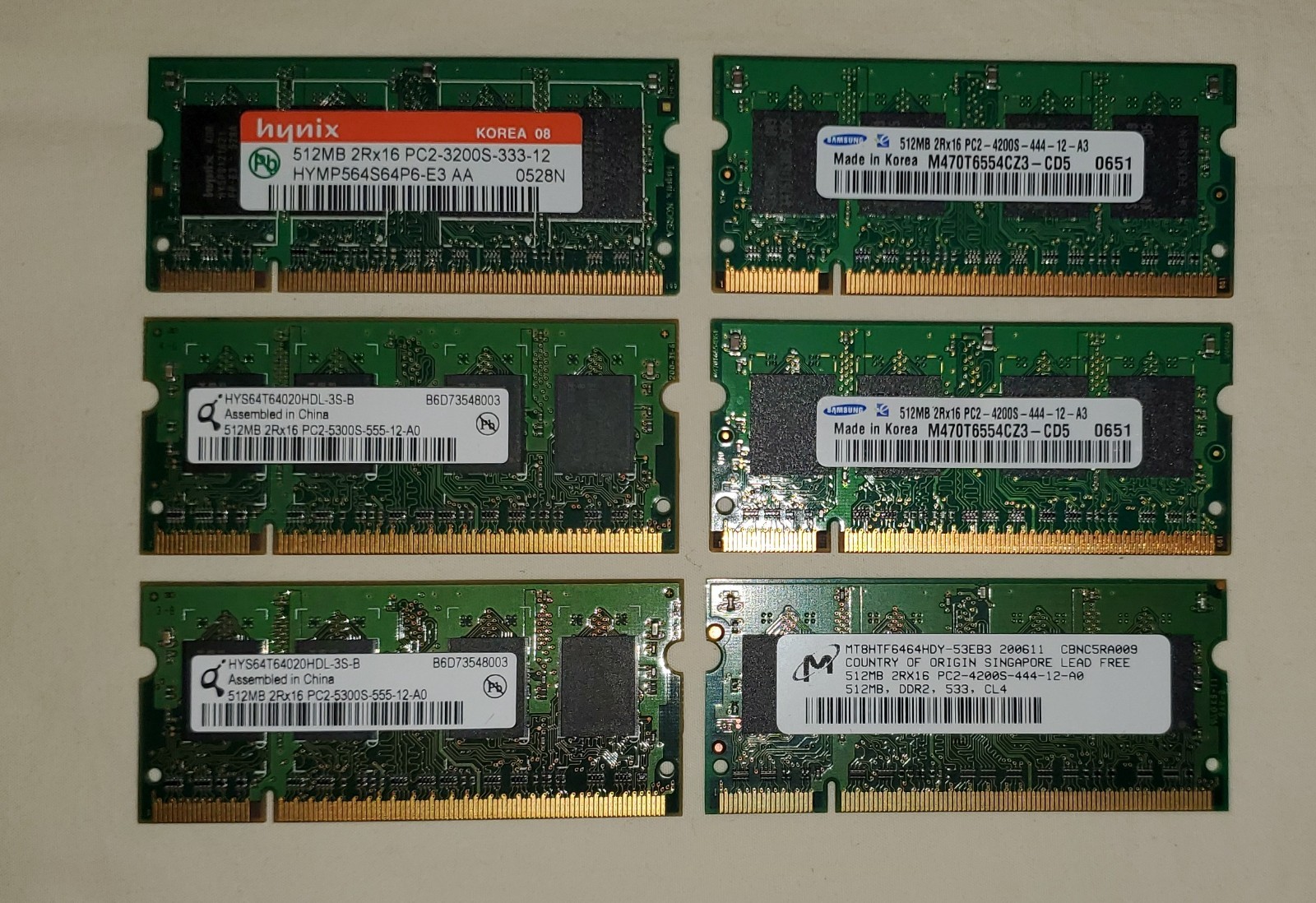 (6) Samsung Micron Hynix 512MB DDR2 Memory PC2-3200 4200 5300 3GB Total