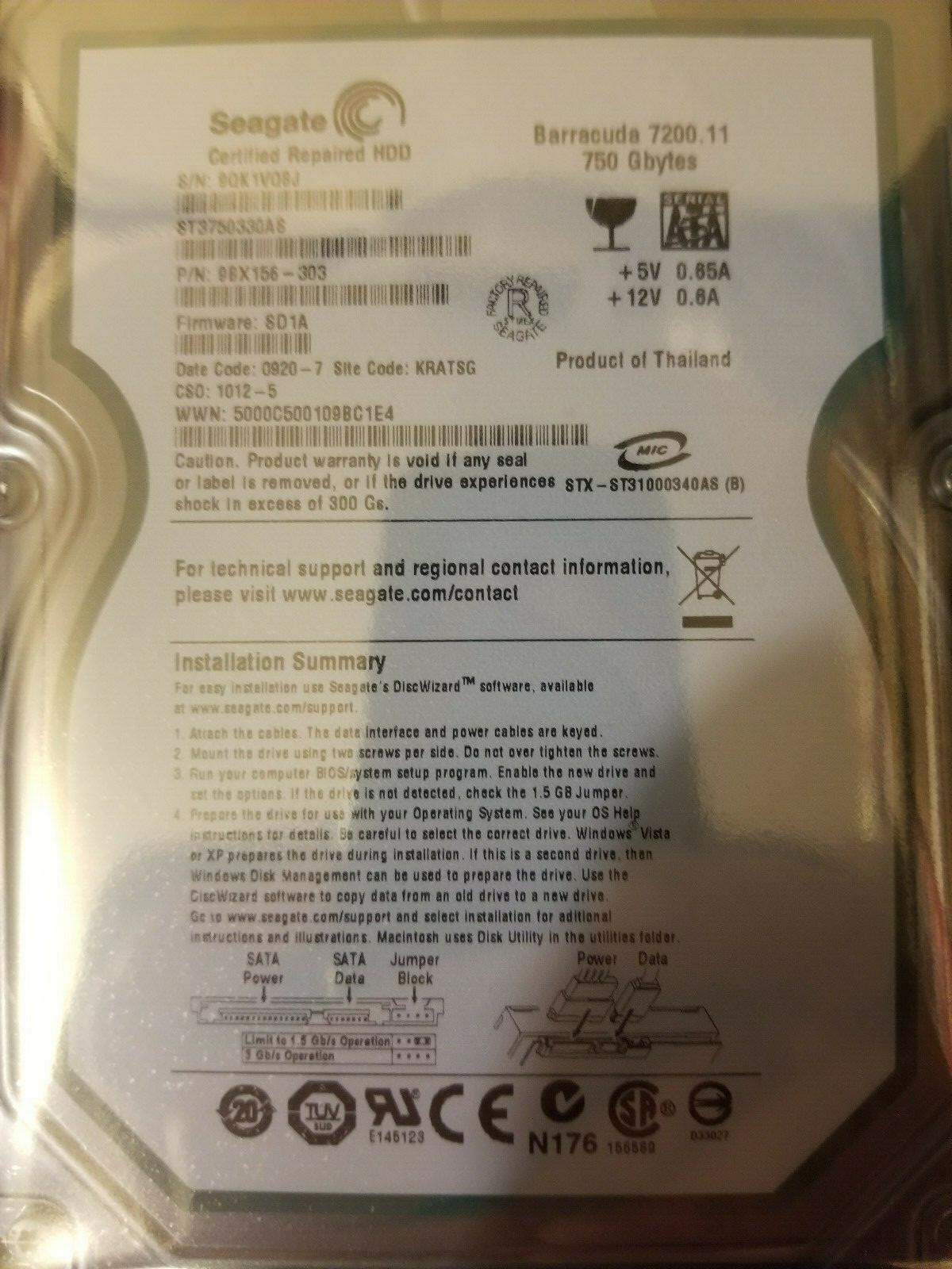 Seagate ST3750330AS PN: 9BX156-303 FW SD1A KRATSG SATA 3.5" 750GB HD DC 0920-7