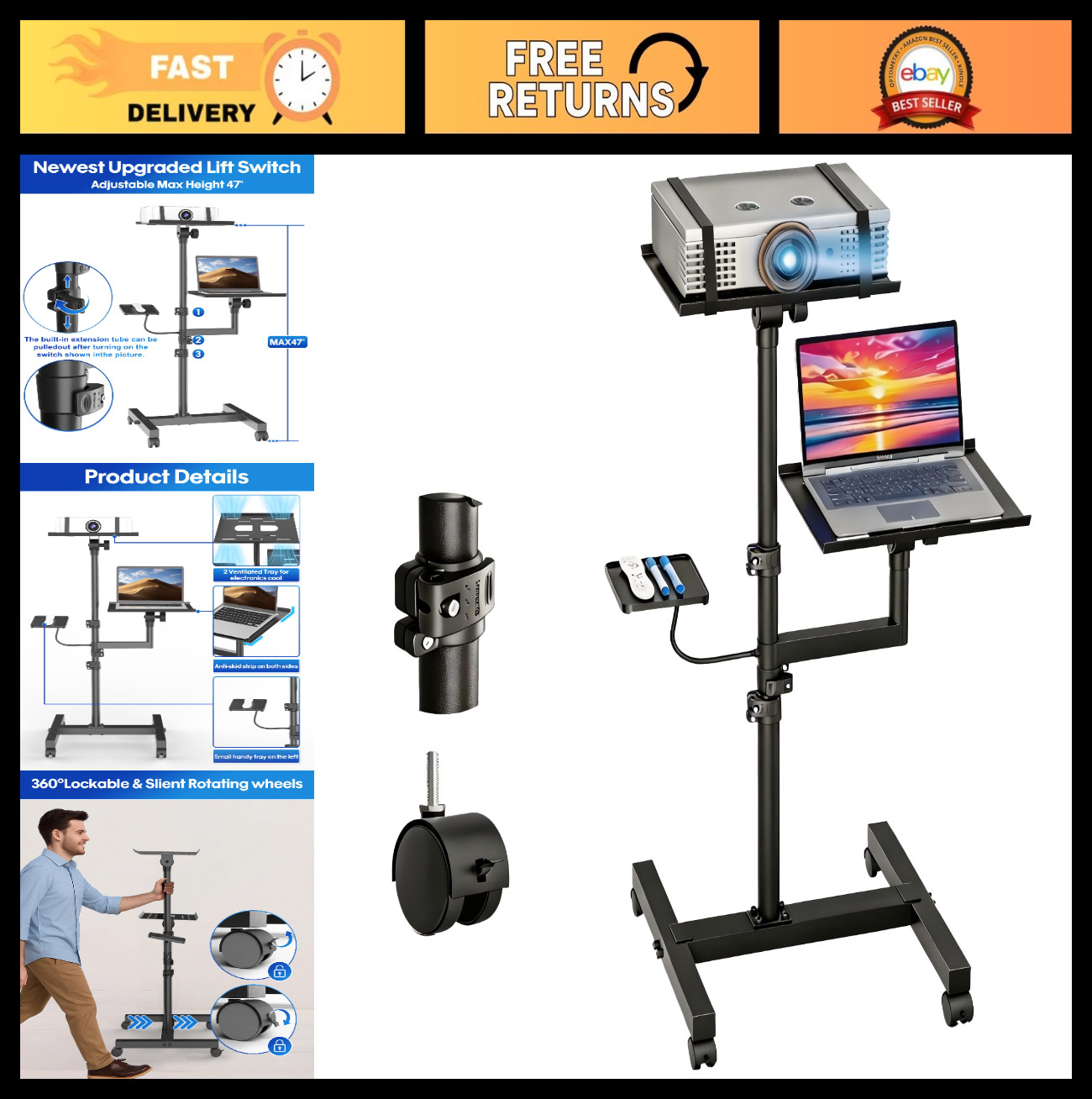 Adjustable Height Projector Stand & Laptop Cart on Wheels, 2-Shelf Tripod, Venti