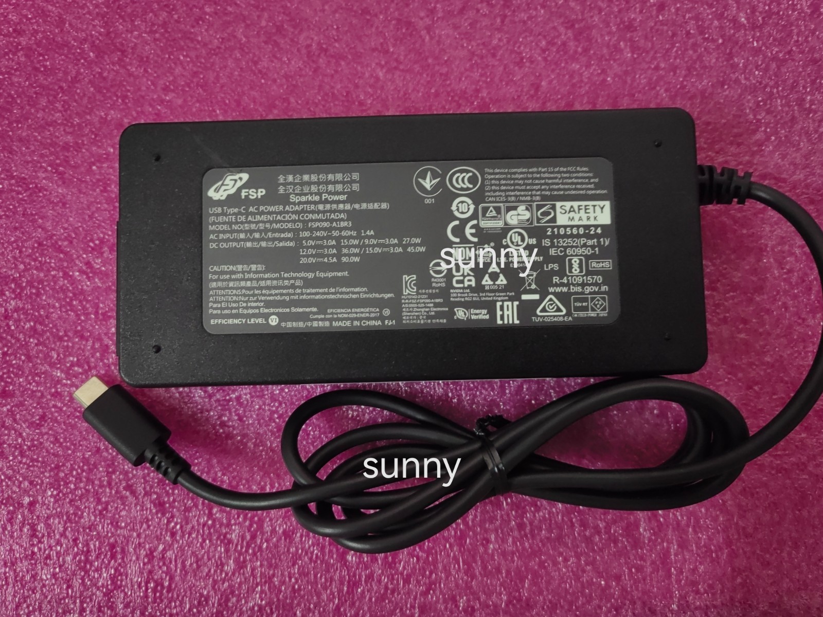 FSP090-A1BR3 210560-24 UK CA FSP 20V 4.5A Type-c 90W AC Adapter Slim Original