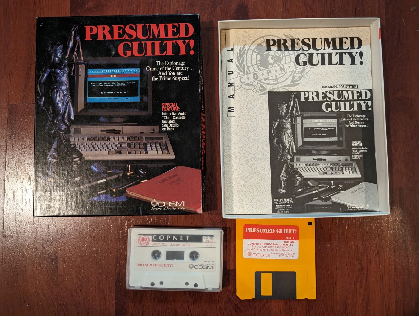 Vintage 1989 Cosmi PRESUMED GUILTY IBM PC Game 3.5" Disk Rare Cassette Version