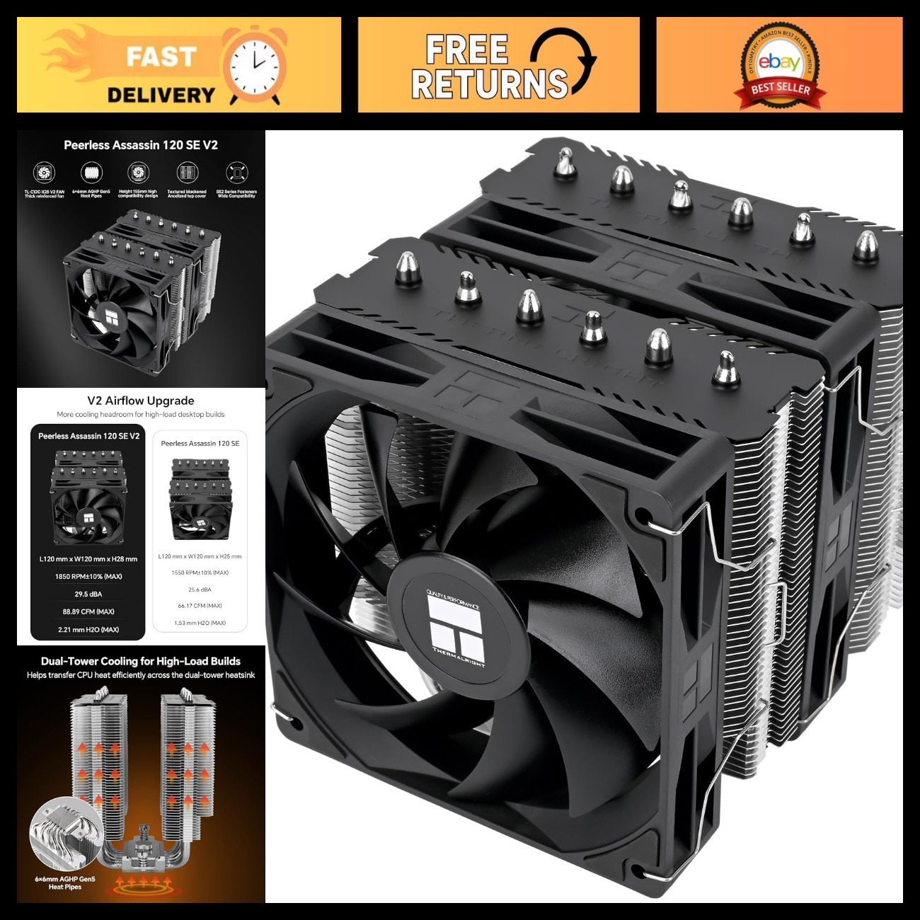 Dual Tower CPU Cooler, 1850RPM, High Performance Thermal Solution, Silent Operat