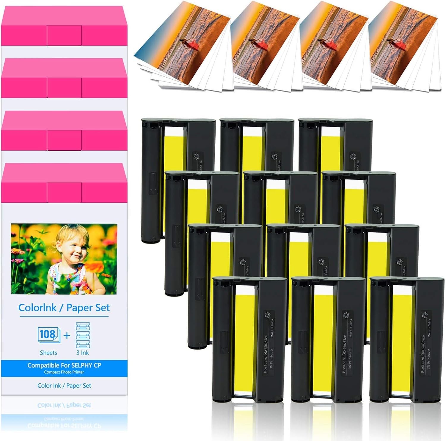 Compatible for Canon KP-108IN KP108 Color Ink Cartridge and Paper Set for CP1300