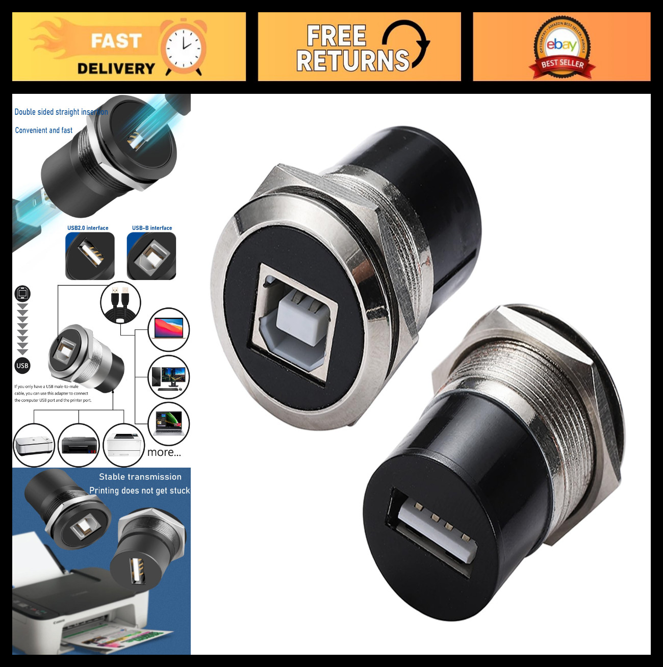 2PCS USB B to A Panel Mount Connector, USB 2.0 Female Solderless Adapter for Pri