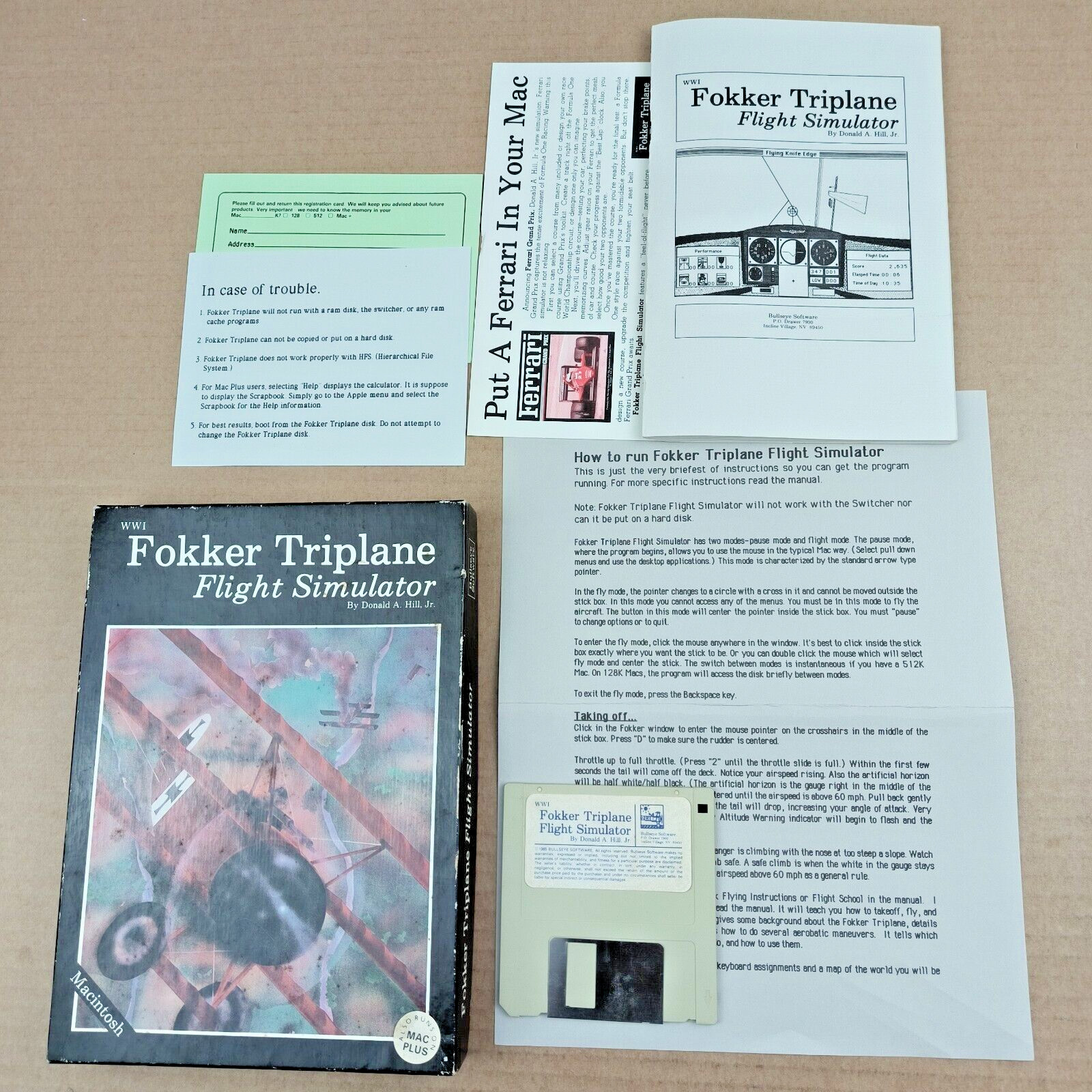 Fokker Triplane FLIGHT SIMULATOR Bullseye 1985 Apple/MAC Airplane Computer Game
