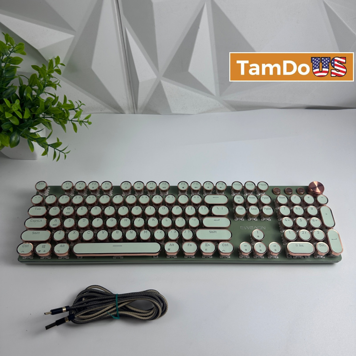 EWEADN V20 Retro Typewriter Mechanical Keyboard Round Keycaps Volume Knob Green