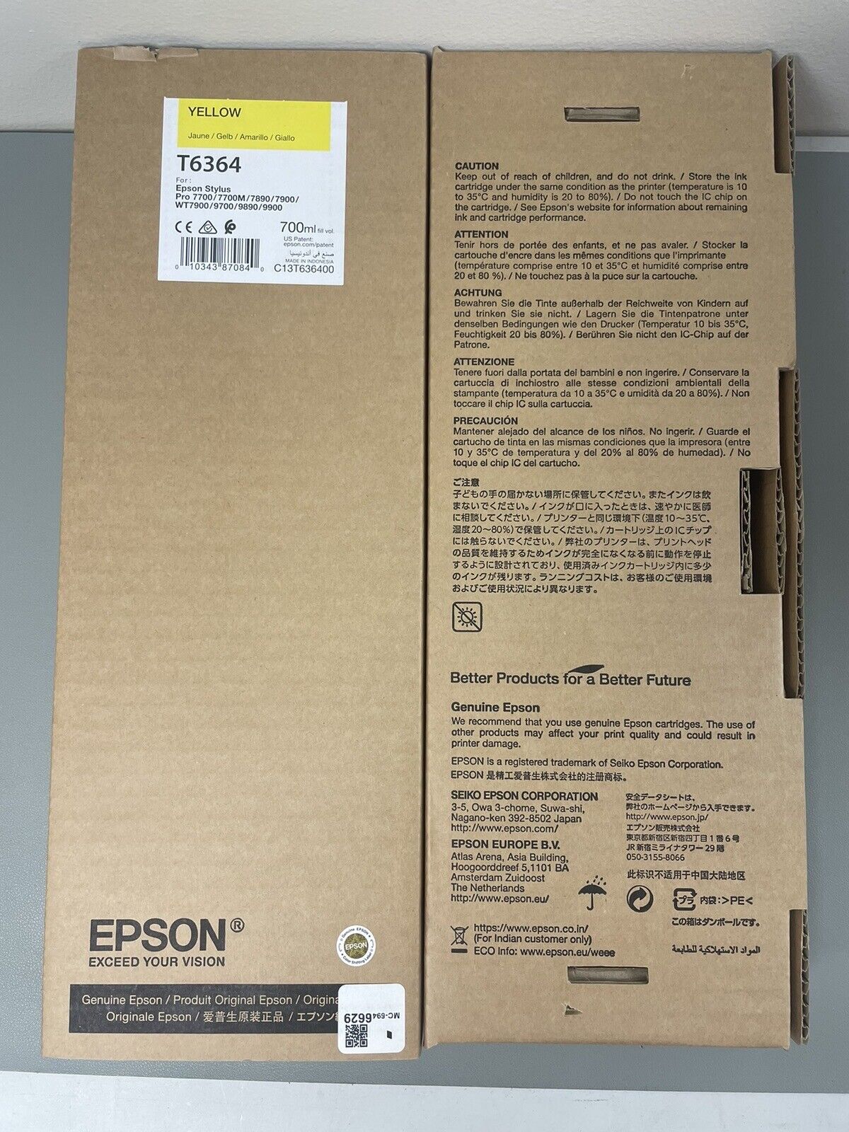 Two Genuine Epson T6364 Yellow Ink Tank Bag 700ml Stylus Pro 7890  EXP 12/22