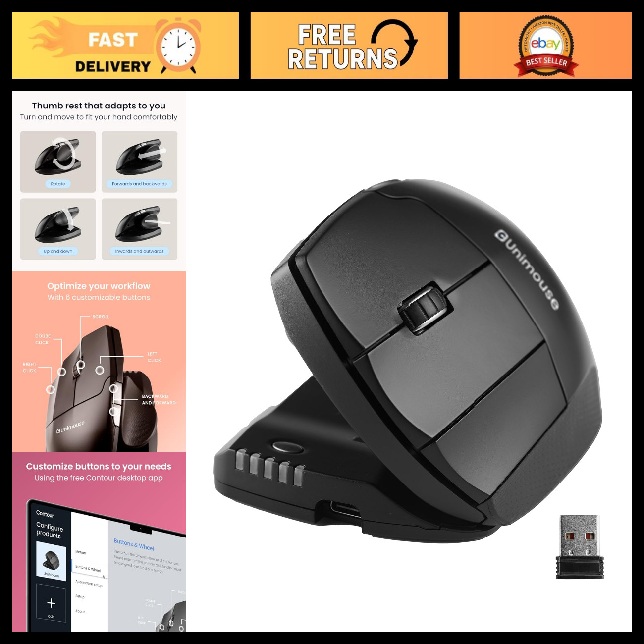 Adjustable Ergonomic Vertical Mouse for Left-Handed Users - Wireless, Comfortabl