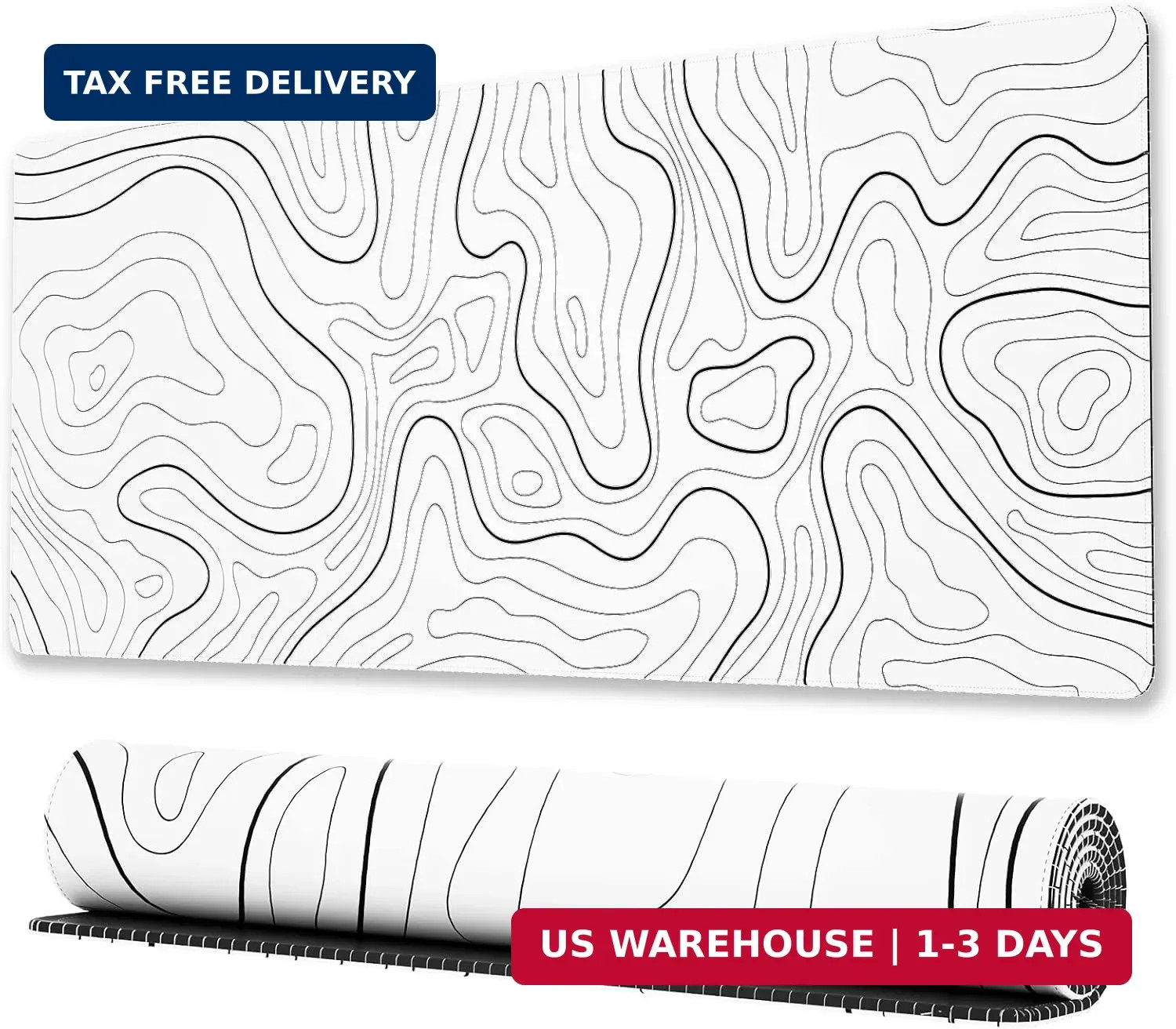 Large Gaming Mouse Pad with Stitched Edges, Minimalist Topographic Map Desk Mat,