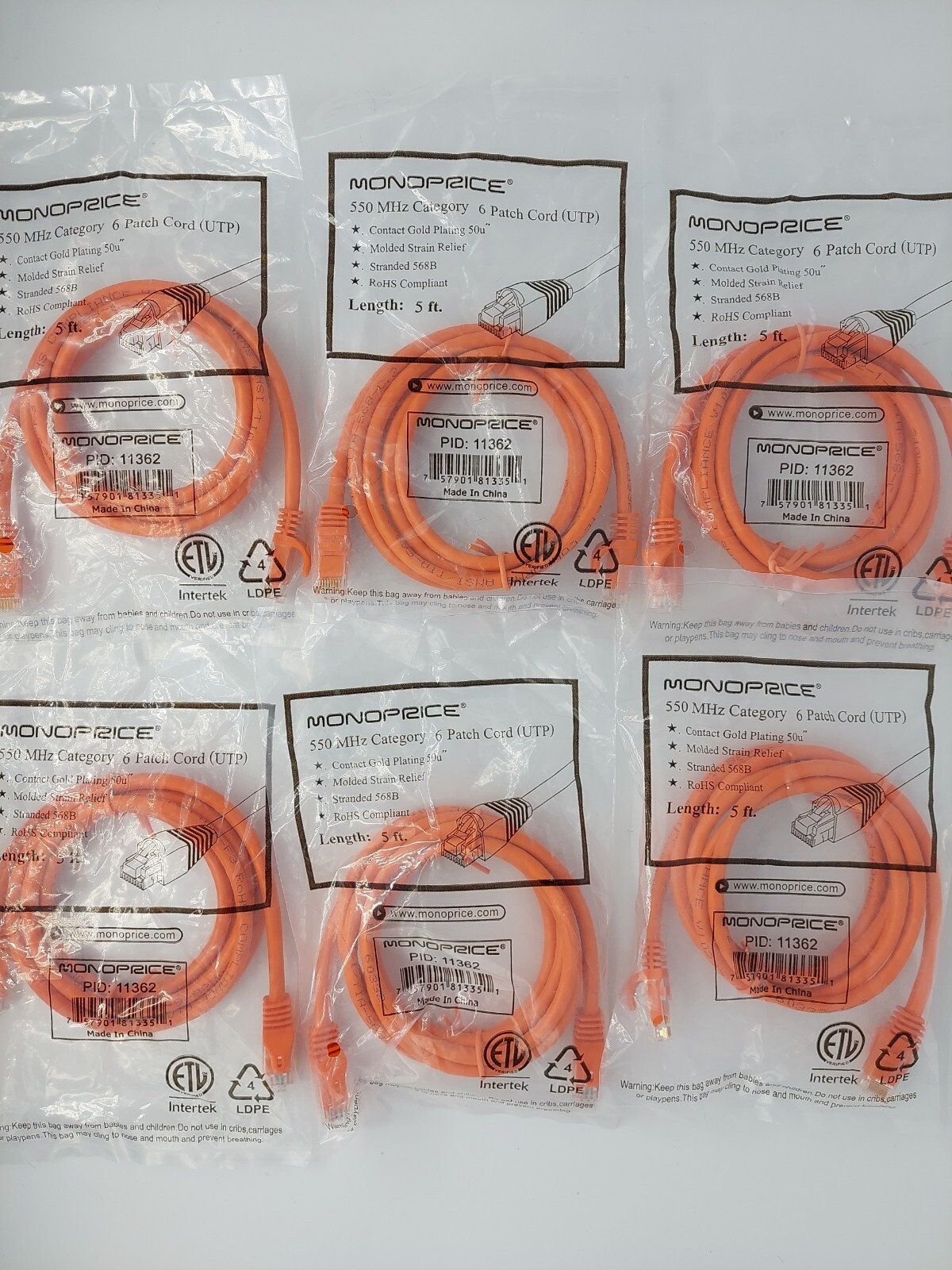 Flexboot Cat6 Ethernet Patch Cable Network RJ45 Stranded UTP 24AWG 5ft  6 pack