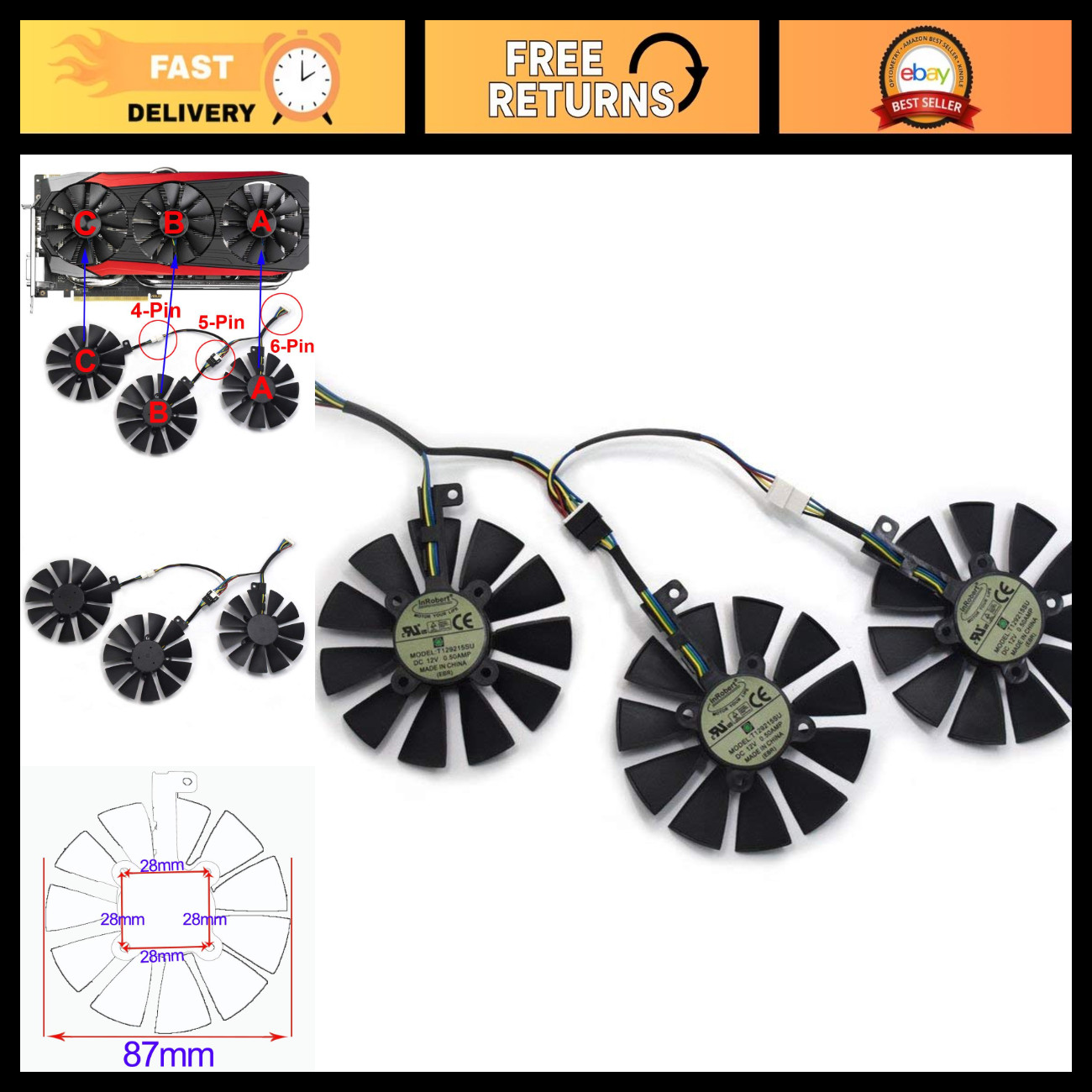 87mm Graphics Card Cooling Fan for GTX980Ti R9390 RX480 RX580 Video Card - 3pcs