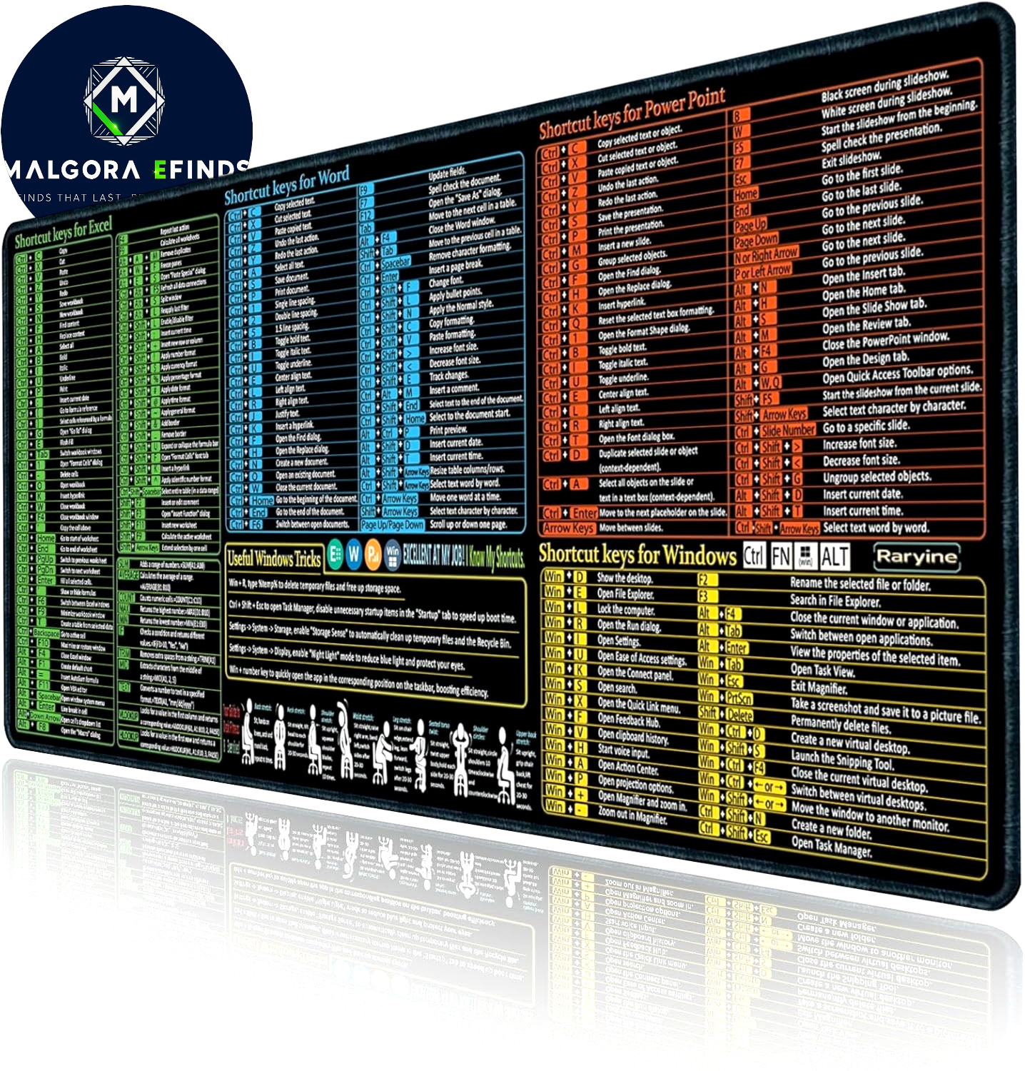 Large Excel Word PC Shortcuts Mouse Pad Non Slip Waterproof Extended Desk Mat