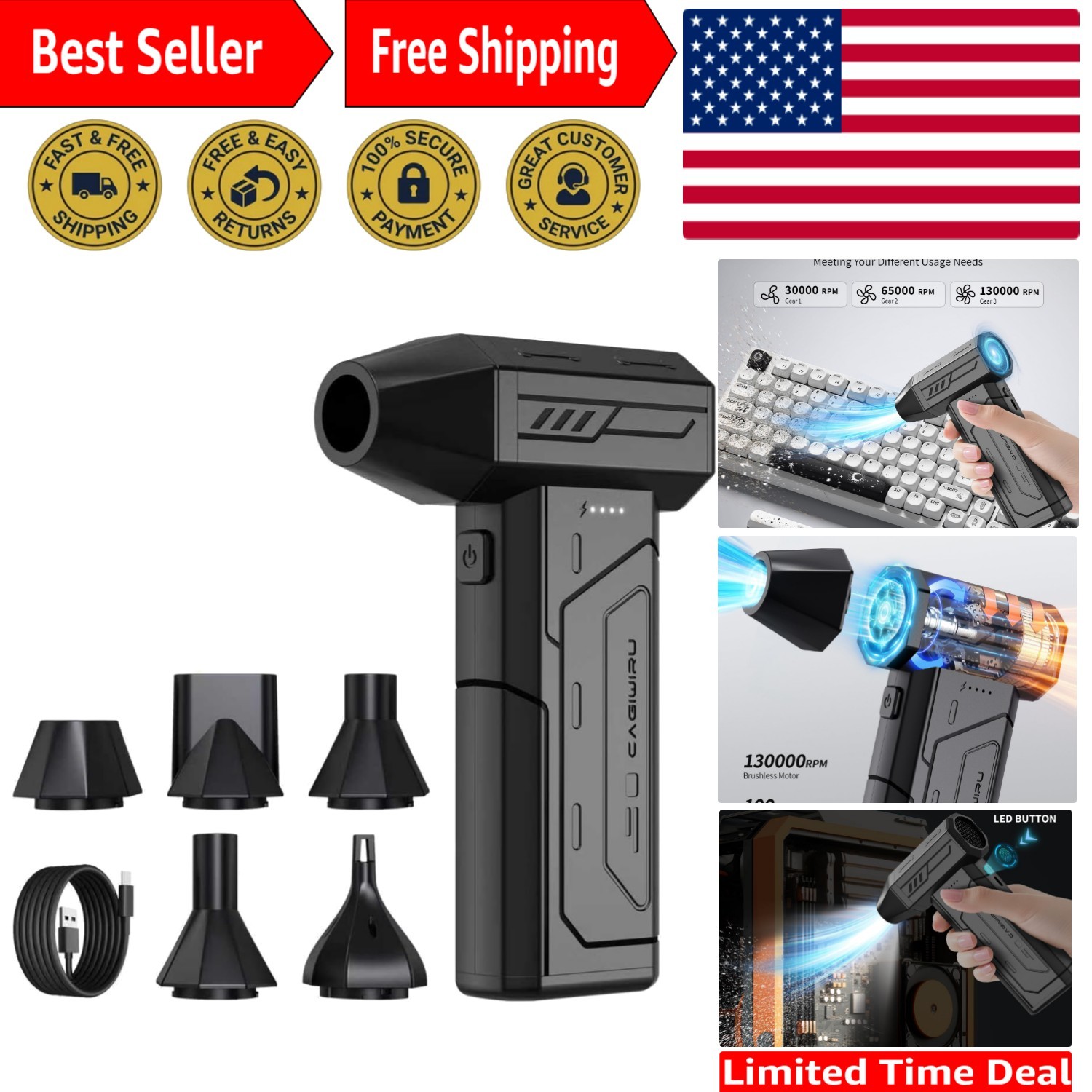 Rechargeable Handheld Air Duster - 3 Speed Modes for Home, Car & Office Use