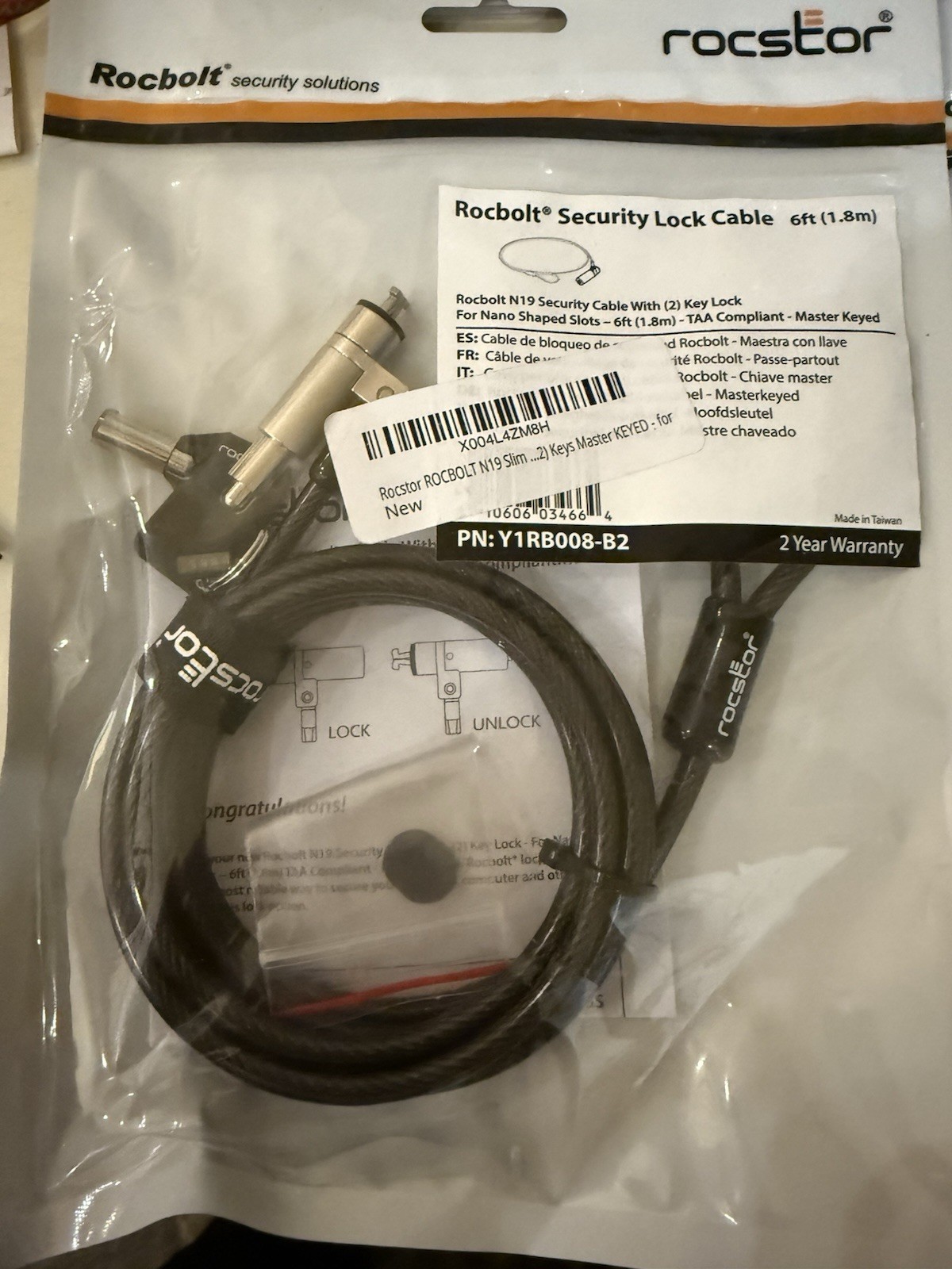 New Rocbolt N19 Slim Security Cable Lock With 2 Keys - 6 Feet TAA Compliant