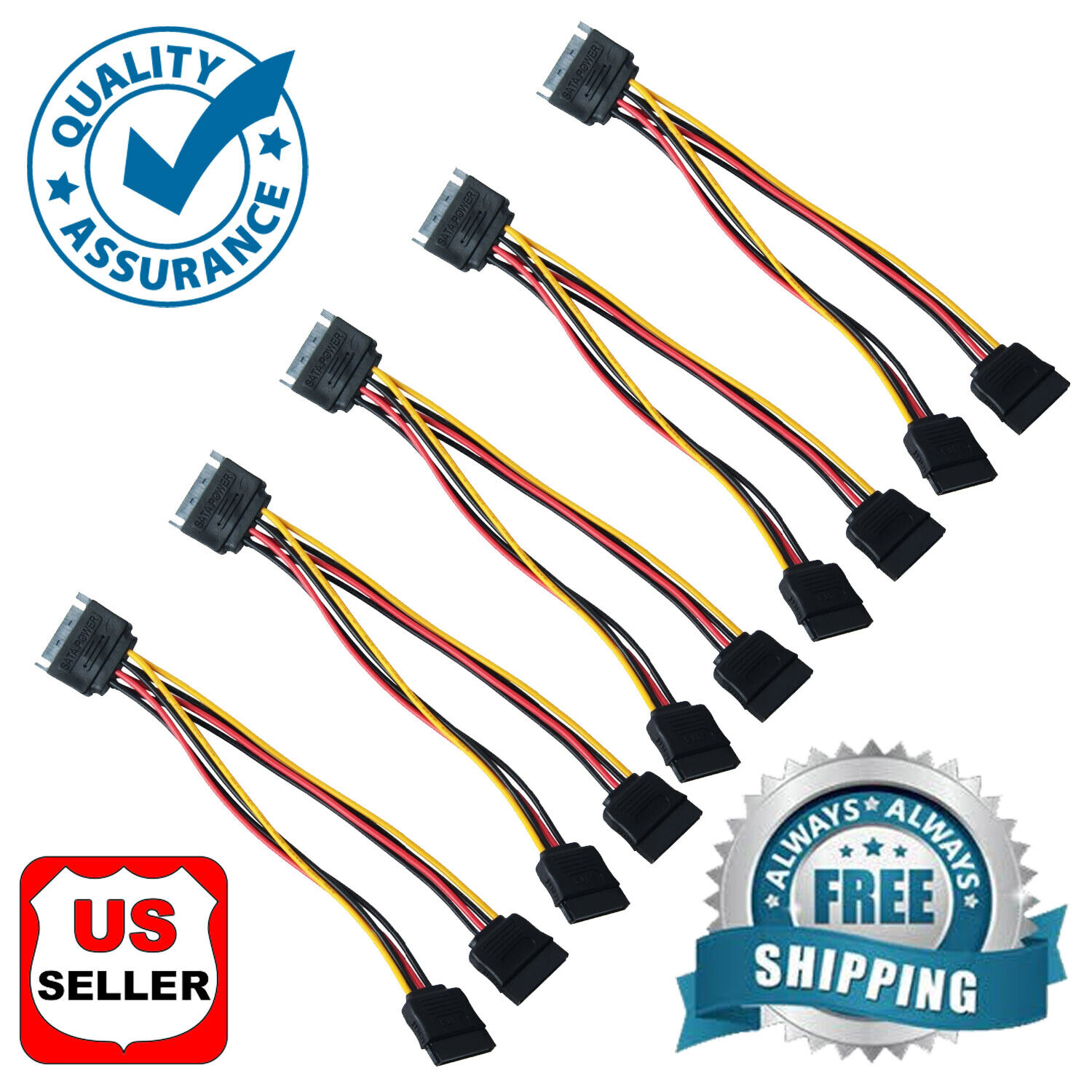 Lot 5 x 6 inch SATA 15-Pin Male to Dual Female Power Y-Splitter Adapter Cable