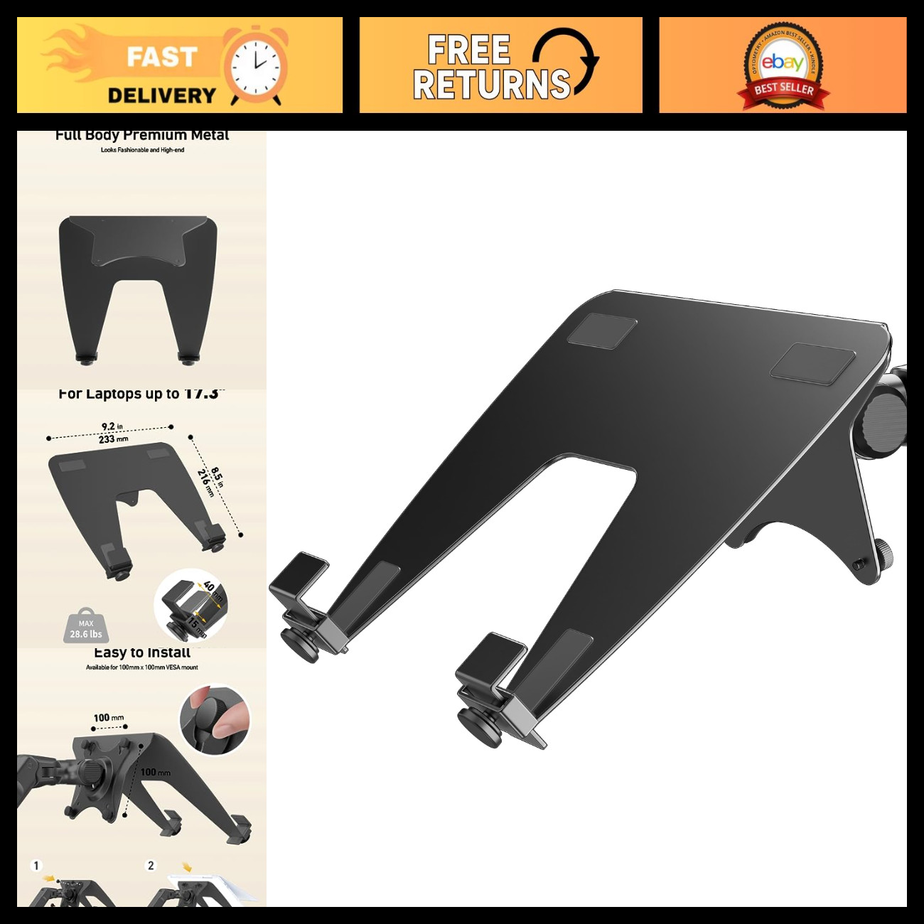 Adjustable Laptop Tray for Monitor Arm - VESA 100x100mm, Fits Laptops 17.3" & 28