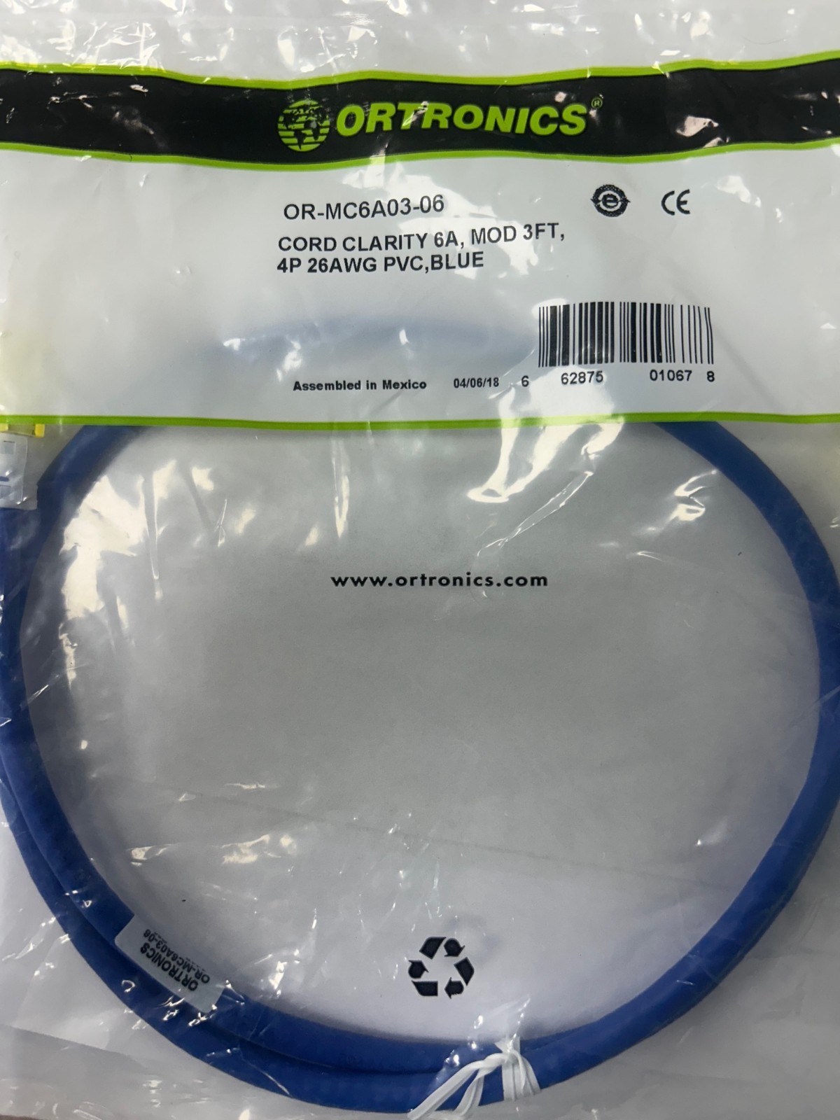 Ortronics Modular Patch OR-MC6A03-06 Cord Clarity 6A, 3FT, Blue-NEW-Lot of 11