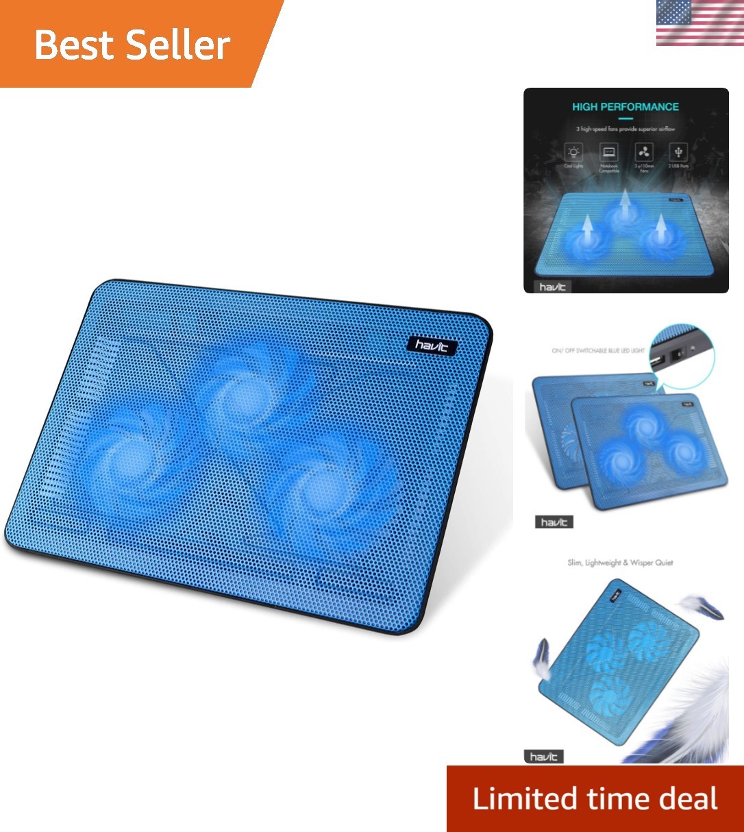 HV-F2056 Laptop Cooling Pad for 15.6-17 Inch Laptops, Blue